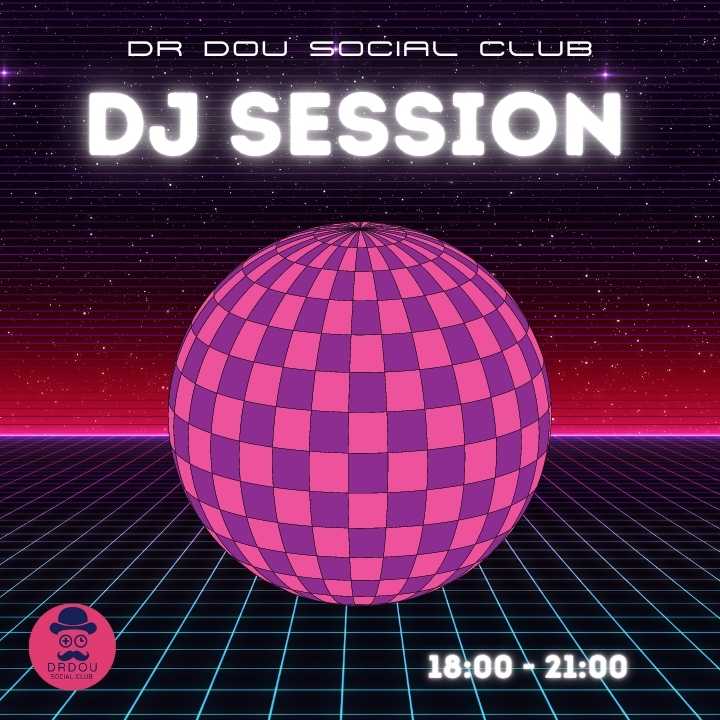 Poster of dj session in Dr Dou social club. Disco ball