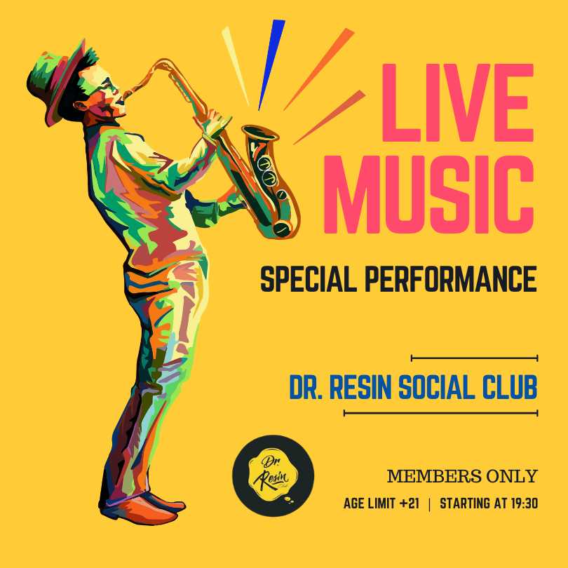 Poster of live music saxophone performance in Dr. Resin social club