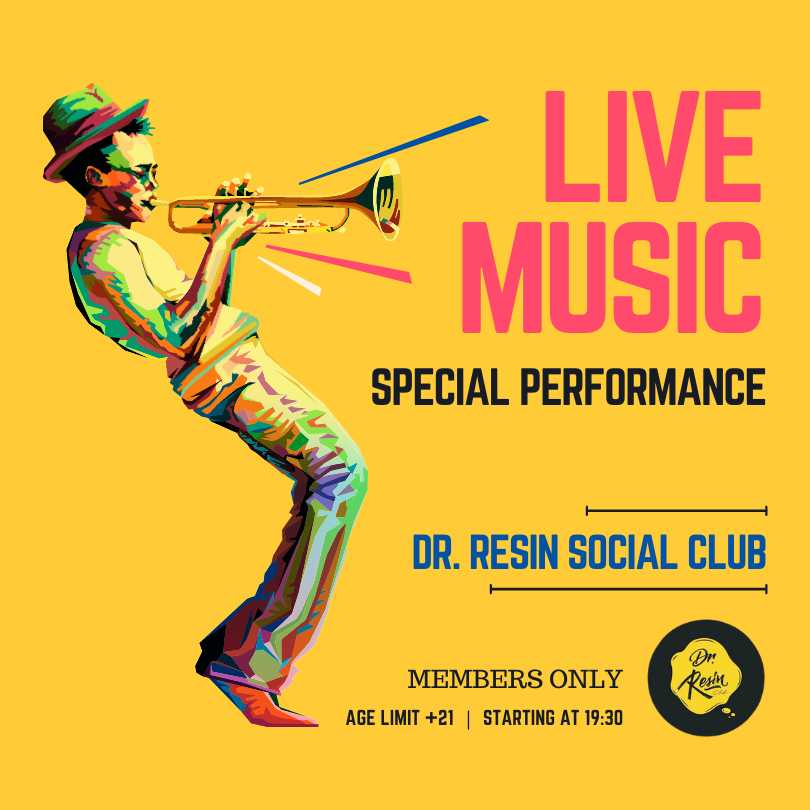 Poster of live music trumpet performance in Dr. Resin social club